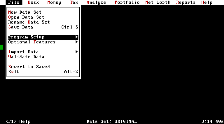 Managing Your Money 12 for DOS - Menu